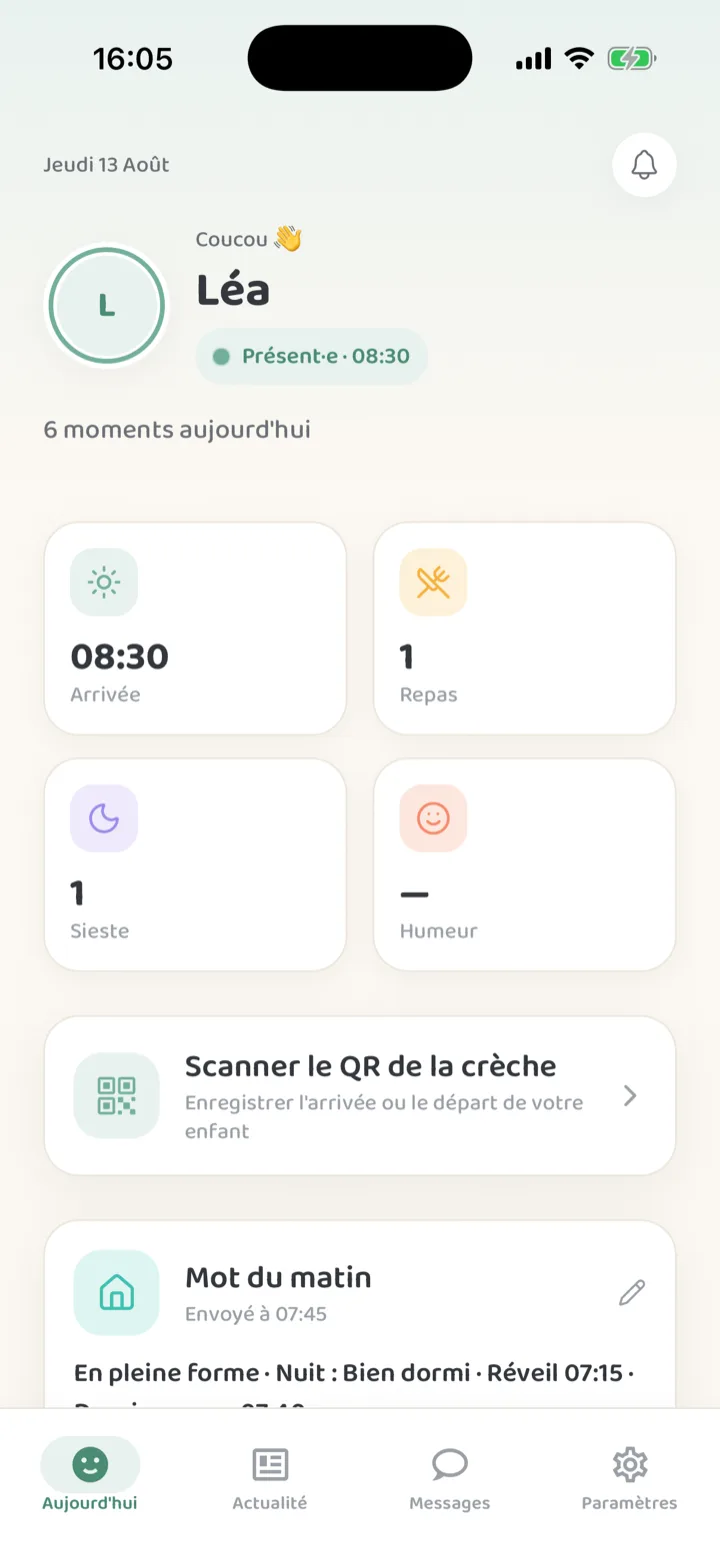 Espace parents : l’arrivée de l’enfant, son repas, sa sieste et le mot du matin.